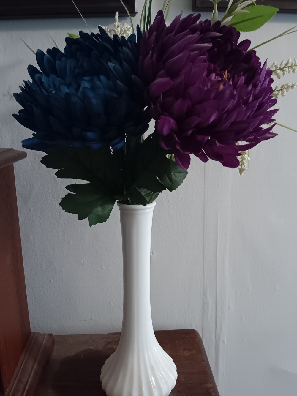 Artificial Chrysanthemum Bouquet in Deep Blue and Plum - Vintage Milk Glass Vase